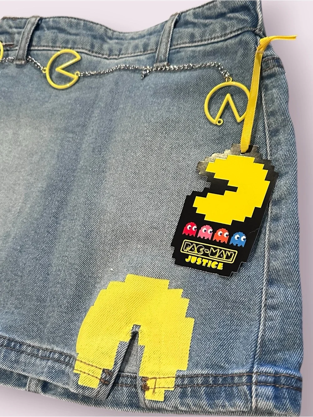 Girls Justice Pac-Man Patch Denim Mini Skirt With Belt **Broken Size Small 7/8
